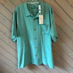 Tommy Bahama Mens XXL Silk Camp Shirt Teal Aqua Tropical Jacquard Short Sleeve
